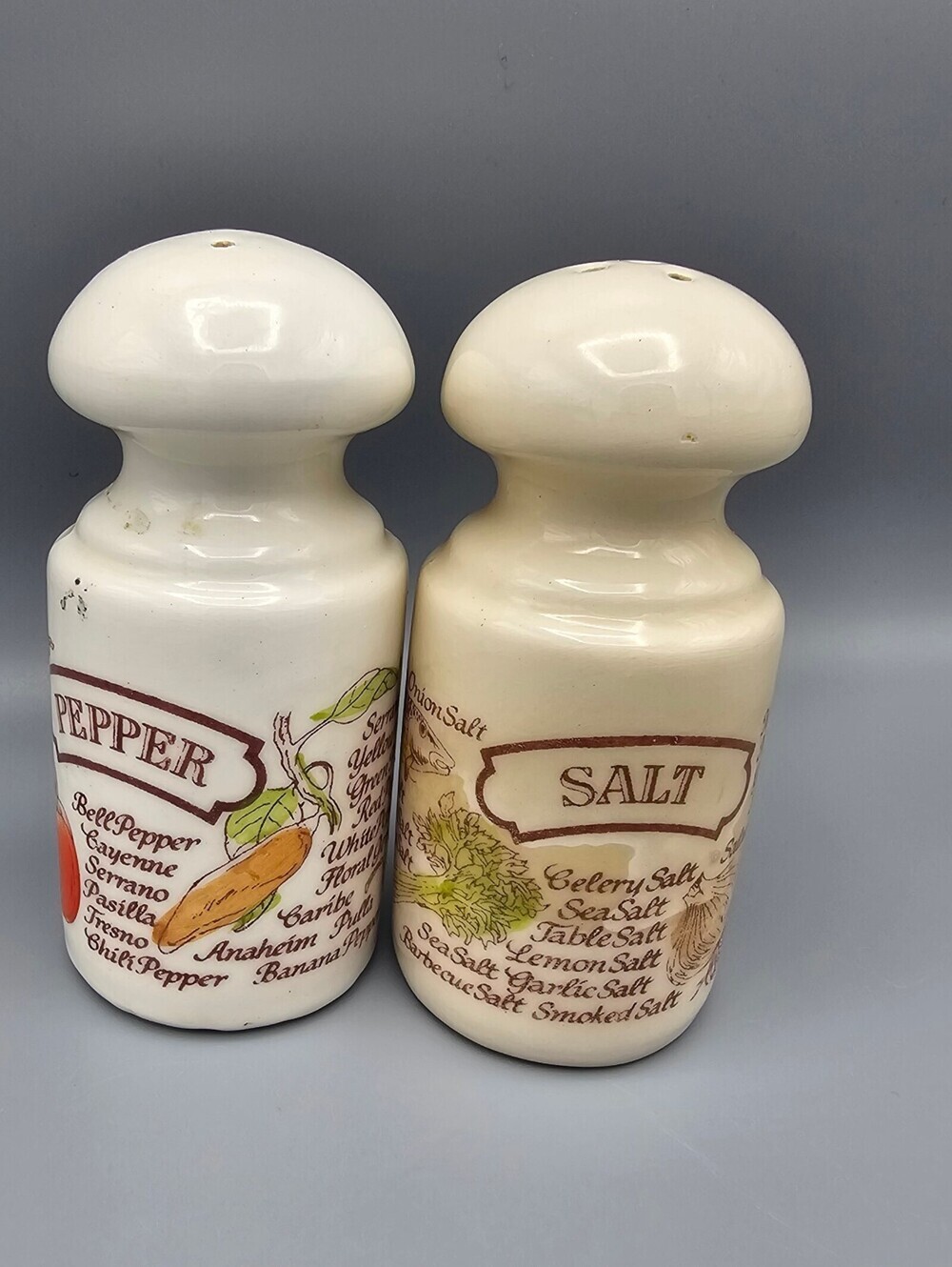 Vintage Ceramic Salt and Pepper Shakers with Illustrated Labels